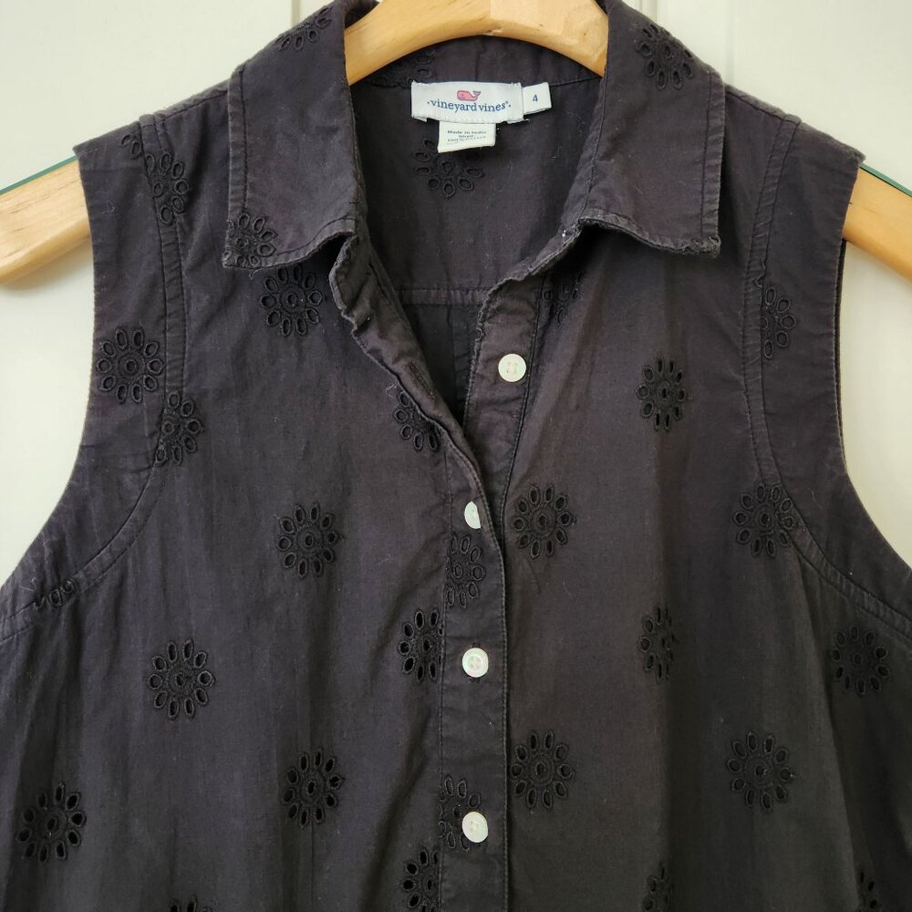 Vineyard Vines Black Sleeveless Eyelet Cotton Shirt Dress Feminine Preppy Cute - Picture 5 of 11